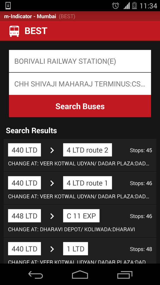 BEST bus search results from Borivali to CSMT